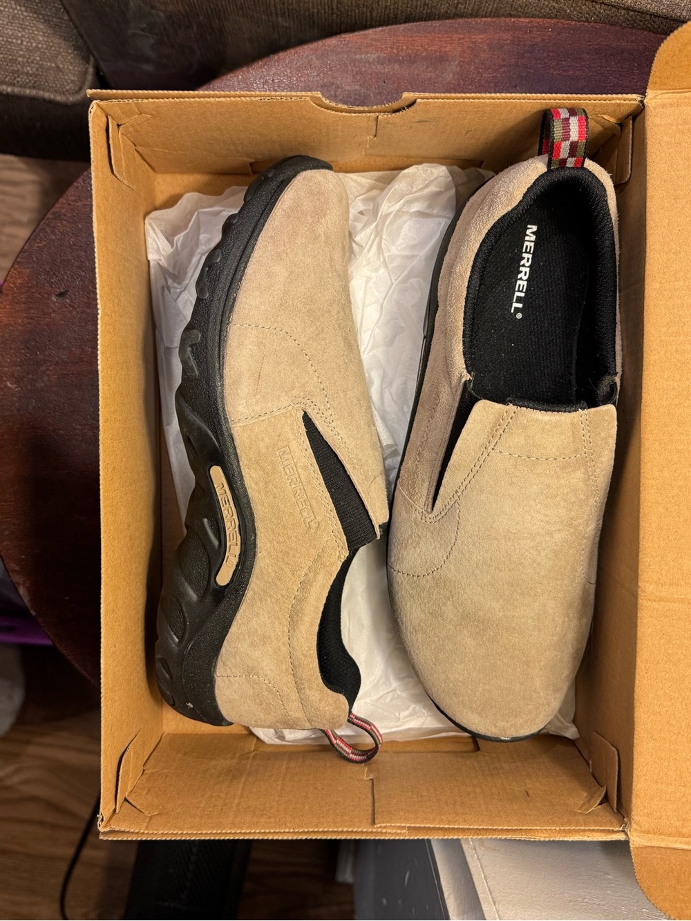 Merrell Jungle Moc Slip-On Suede Loafers in Beige Suede with Black Outsole